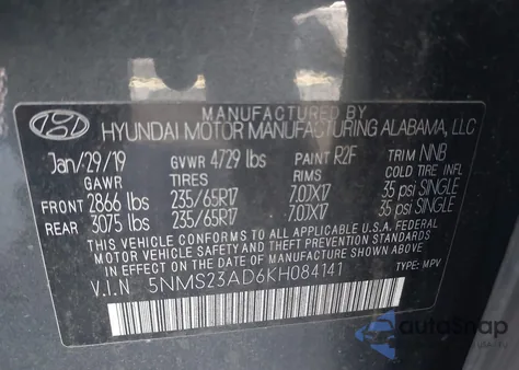 2019 Hyundai Santa Fe Se from USA, damaged, VIN 5NMS23AD6KH084141